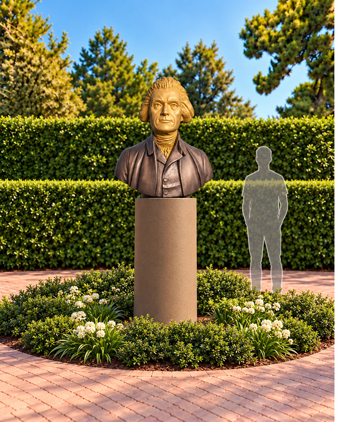 Placement study using the completed two-tone Jefferson sculpture on a warm cylindrical base